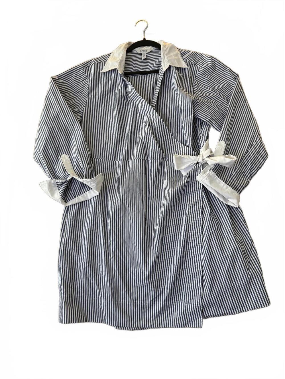 SPANX Women's Wrap Shirt Dress Blue White Stripe Tie Waist Collared Size 1X